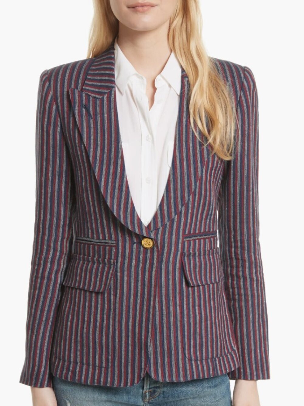 SMYTHE Blue Red Striped 100% Linen Single Breasted Peak Lapel Blazer, Size 10